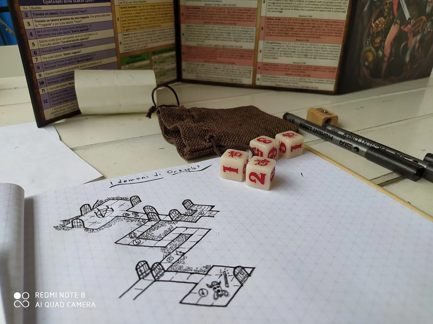 Quaderno con mappa isometrica di un dungeon, alcuni dadi da 6 e uno schermo/riassunto regole di 4 against darkness